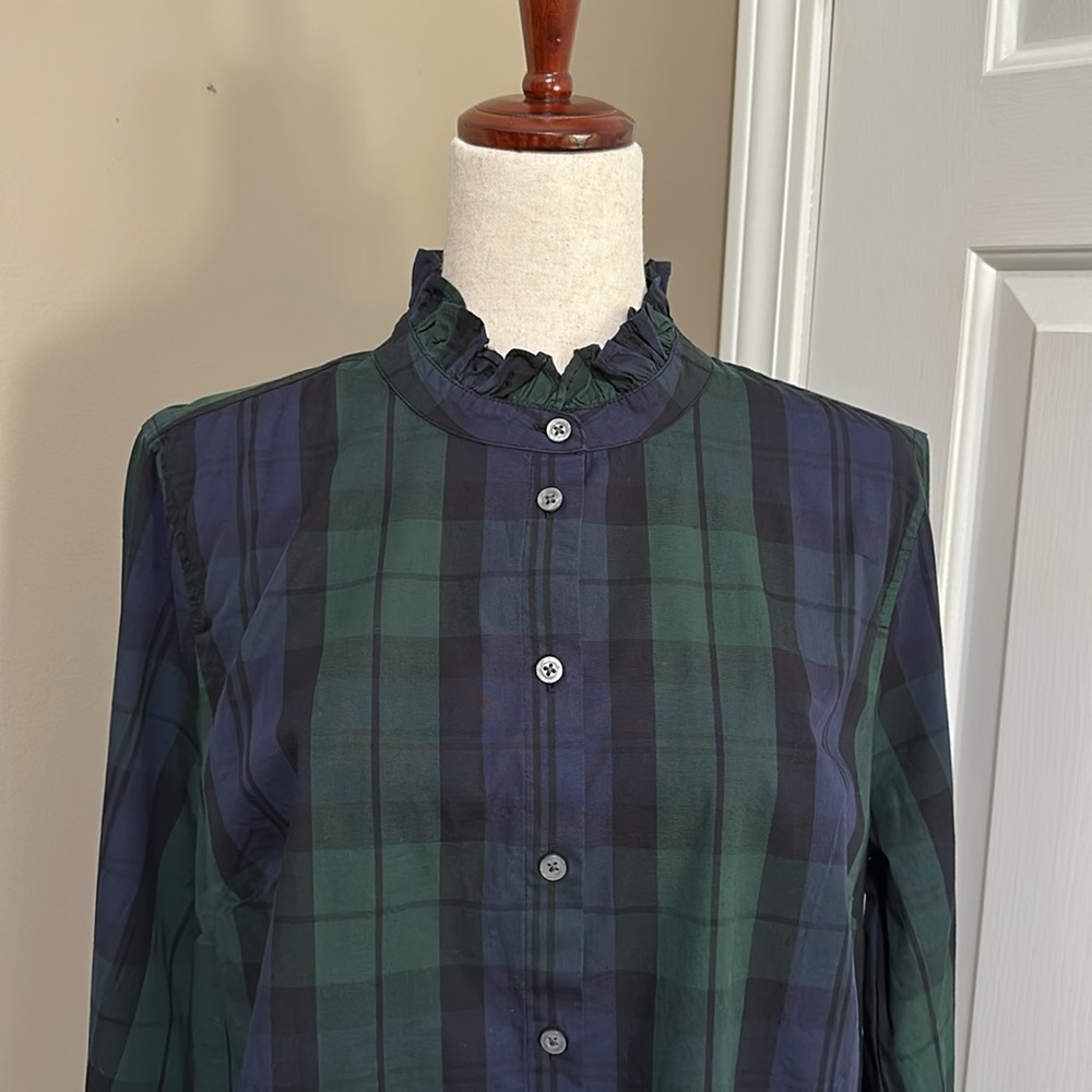 J.Crew Factory Black Watch Ruffleneck Green and Blue Plaid Button Up Shirt - Picture 3 of 6